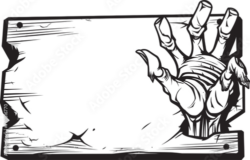 Apparitional Advertisements Vector Emblem of Zombie Hand Holding Signboard Forsaken Foray Emblematic Design Featuring Zombie Hand and Signboard