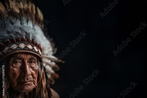 vieux chef indien, natif des Amériques en tenue cérémonielle avec sa coiffe à plumes et perles sur fond noir avec espace négatif copyspace.