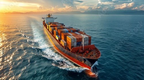 Large Ship Sailing in Open Ocean