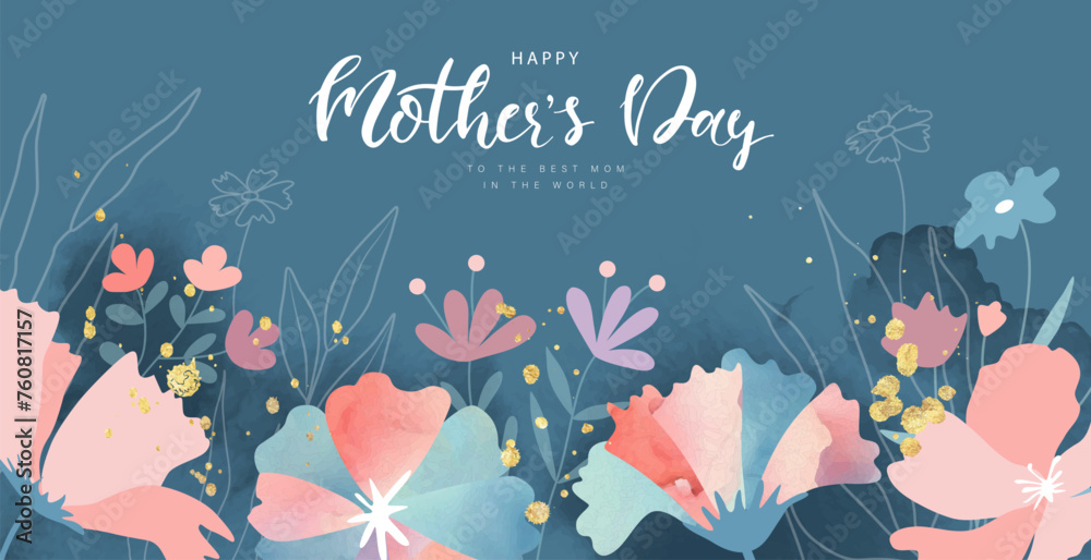 Happy Mother's Day,to the best mom in the world. Beautiful floral banner with watercolor texture. Poster, invitation, postcard. Vector illustration - obrazy, fototapety, plakaty 
