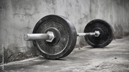 Heavy barbell on concrete floor in gritty urban setting
