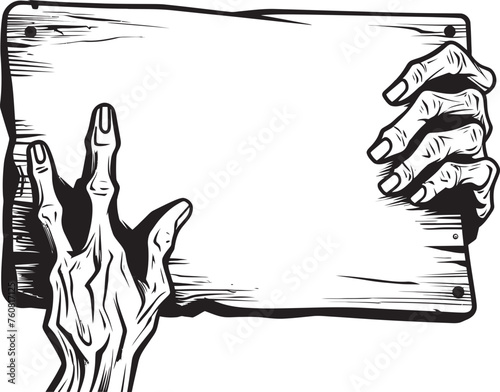 Macabre Message Vector Logo with Zombie Hand Holding Signboard Decomposing Direction Zombie Hand Signboard Emblem