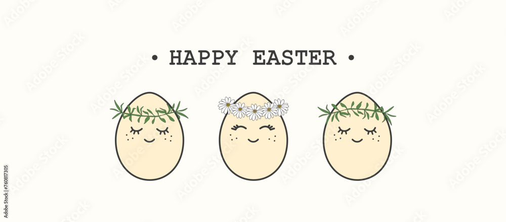 Vector illustration. Happy Easter inscription, Easter eggs in a wreath of spring flowers, in pastel colors on a light background. Postcard, invitation, social media Vector illustration. Happy Easter inscription, Easter eggs in a wreath of spring flowers, in pastel colors on a light background. Postcard, invitation, social media