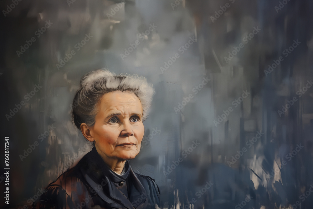 portrait peinture à l'huile de la scientifique française Marie Curie, Prix Nobel, pour ses travaux sur la radioactivité. Symbole de la réussite féminine et des féministes Fond gris copyspace - obrazy, fototapety, plakaty 