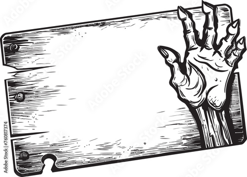 Decomposing Directive Zombie Hand Signboard Logo Design Eerie Advertisement Vector Logo with Zombie Hand Holding Signboard