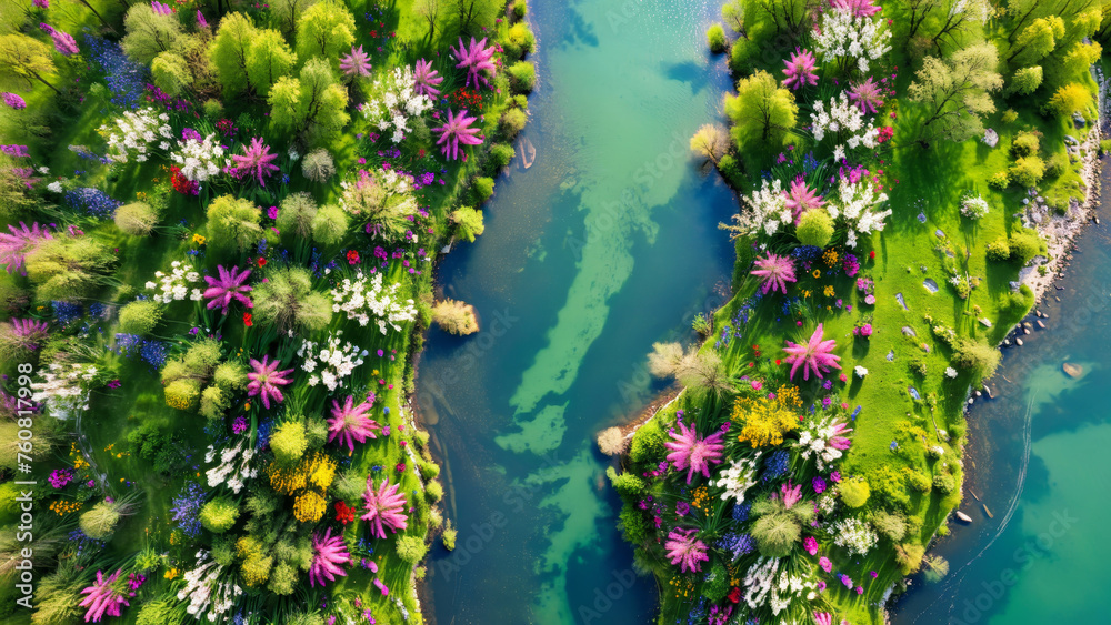 A drone shot of the most beautiful spring meadow with colourful flowers, trees, river, beautiful nature, colourful landscape, turquoise water, green gras, green planet, mother earth 
