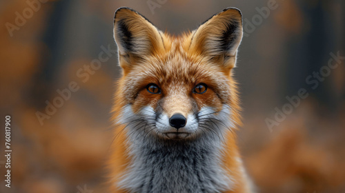 Red Fox - Vulpes vulpes, sitting up at attention, direct eye contact, a little snow in its face, tree bokeh in background