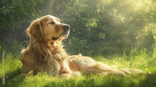 A majestic golden retriever basking under the sunlight in a lush green meadow, its fur glistening with dewdrops.