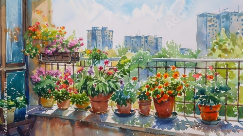 Watercolor balcony scene with overflowing flower pots  capturing urban gardening s beauty and the blend of nature and city life.