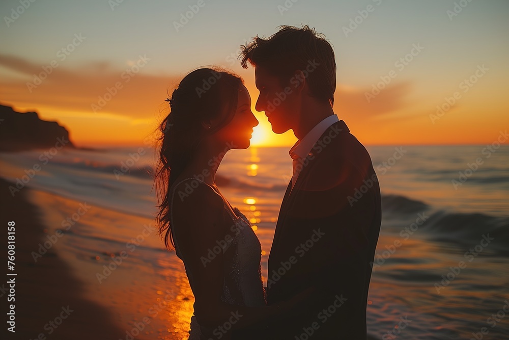Under the warm sunset sky, a newlywed couple shares a passionate kiss on the beach, their silhouettes dancing in the backlighting as the ocean waves crash against the shore, surrounded by the beauty 