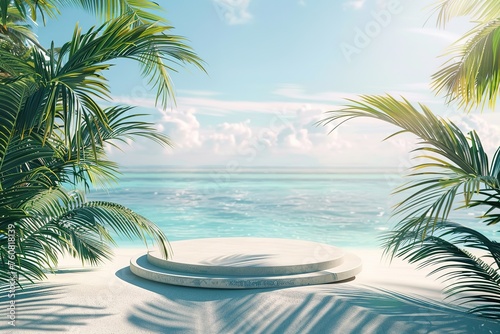 Tropical beach display podium surrounded by palm leaves with ocean view.