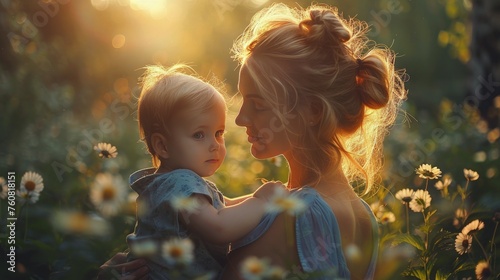 Woman Holding Baby in Field of Flowers