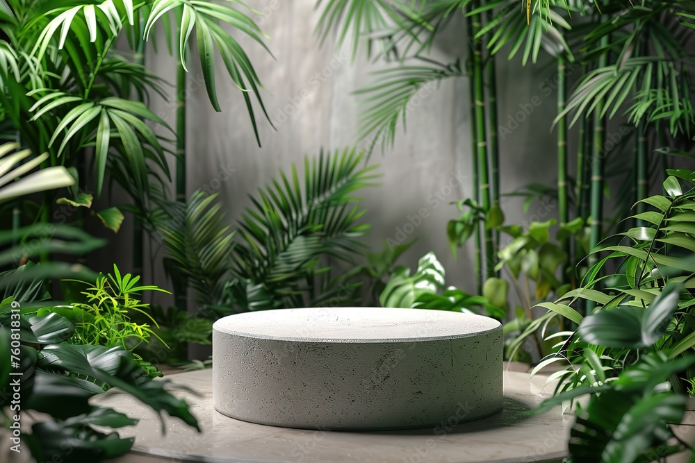 Round podium surrounded by tropical plants in a lush indoor setting. Round podium surrounded by tropical plants in a lush indoor setting.