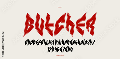 Sharp and bold italic vector display font for logo, gothic or heavy metal style modern typeface, edgy hard rock letters and numbers alphabet for titles or slogans, heavy typography.