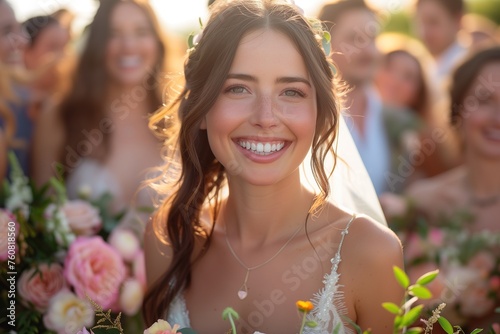 A radiant bride beams with joy as she wears a stunning floral crown and holds a bouquet of roses on her special outdoor wedding day