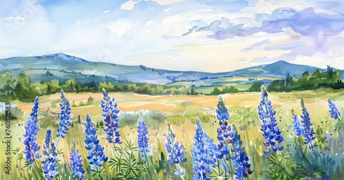 Watercolor landscape with a field of blue lupines under a serene sky.