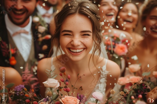A radiant bride's joy shines through as she gracefully arranges a delicate bouquet of roses, adorned with a stunning headpiece, on her special day in a picturesque outdoor ceremony