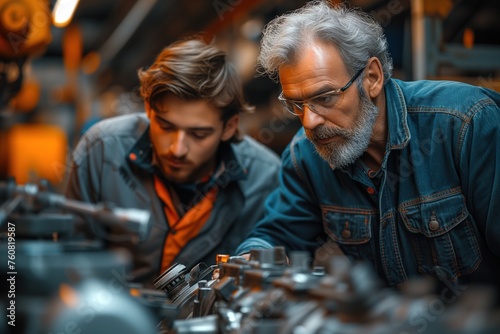 Two focused men working together in a manufacturing workshop amidst heavy machinery