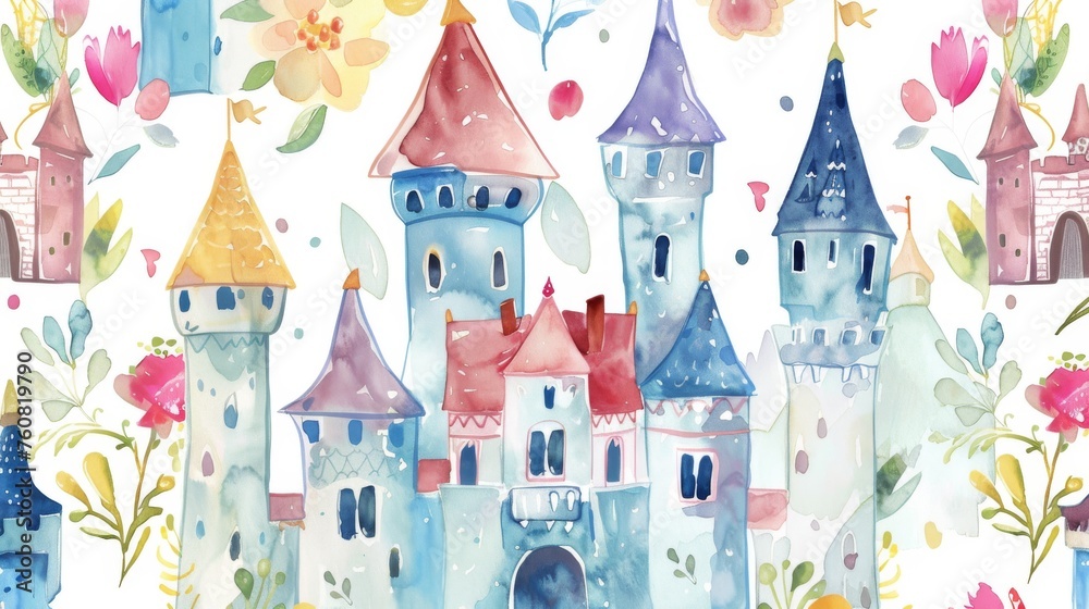 Whimsical watercolor seamless pattern featuring fairy tale castles and flowers.