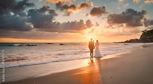 Newly married couple on the beach. photo