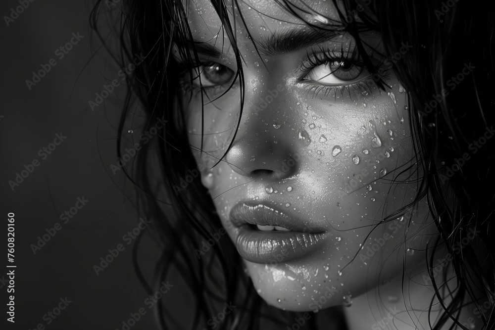 Monochrome portrait of a woman with water droplets