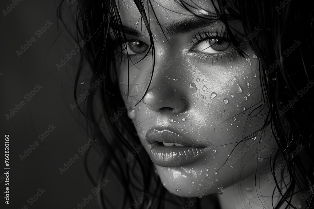 Monochrome portrait of a woman with water droplets Monochrome portrait of a woman with water droplets