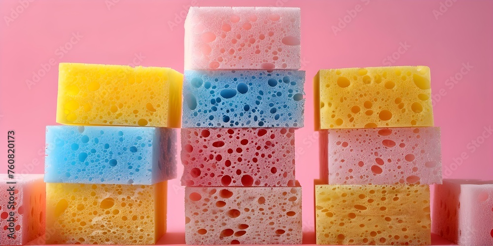 Colorful kitchen sponges on soft pastel backdrop with space for text. Concept Kitchen Sponges, Colorful Props, Pastel Backdrop, Text Space