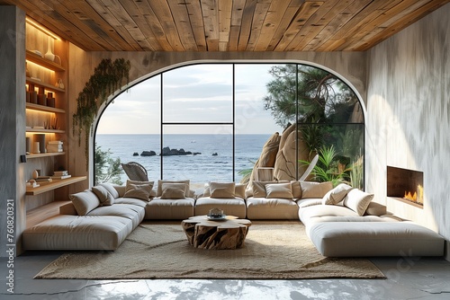 Oceanview living room with fireplace, large window, and coastal decor