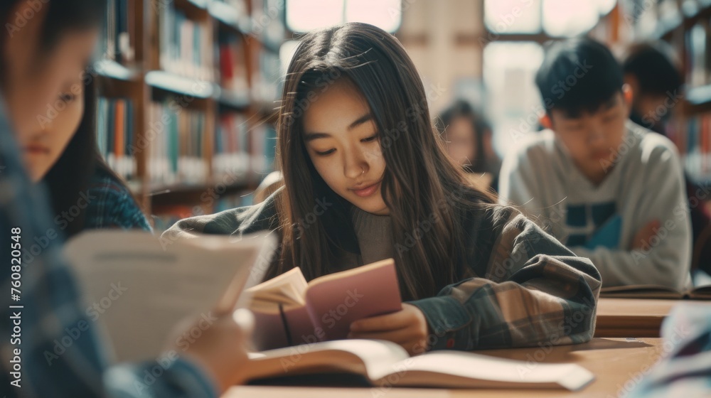 High school students studying in a library, Rule of Thirds composition High school students studying in a library, Rule of Thirds composition