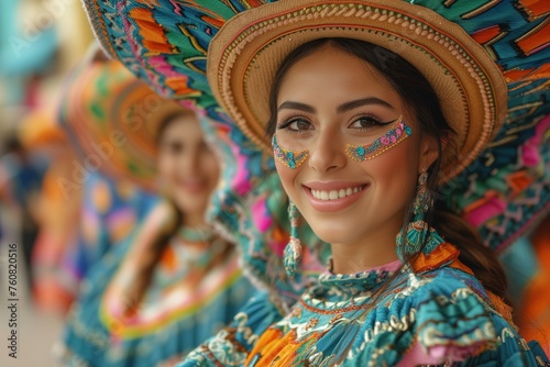 Woman wearing a Mexican sombrero and traditional attire with glitter makeup, smiling joyfully © Jelena