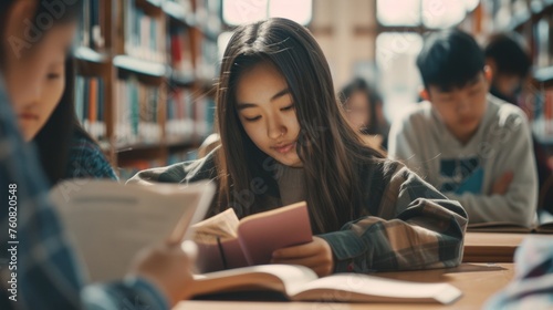 High school students studying in a library, Rule of Thirds composition