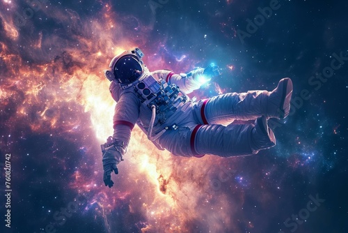 Adventurous Astronaut floating universe. Travel orbit. Generate Ai
