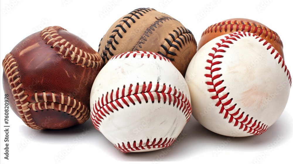 Various baseballs showcasing wear and tear on white - obrazy, fototapety, plakaty 