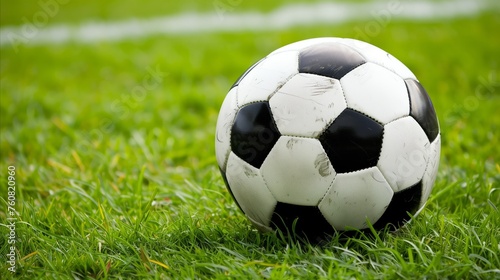 Classic soccer ball on fresh green grass field