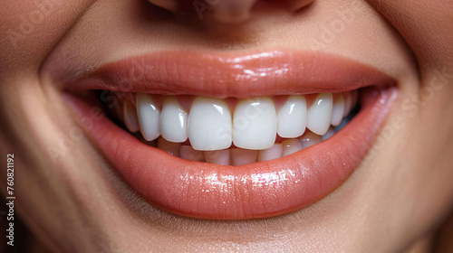 Closeup of beautiful snow-white smile. Ideal strong white teeth  teethcare. Healthcare  stomatological concept for dentists. Only smile on face  fingers near face