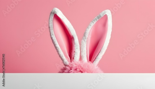 Easter bunny ears with white and pink fur on a pink background. Easter Day