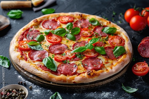 Pizza with salami, tomatoes and basil on a dark background