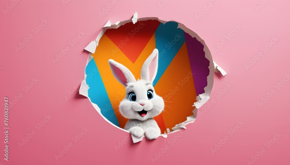 Obraz premium Fluffy bunny jumps out of a torn hole, Rabbit peeking out of a hole in the wall, Colorful Easter bunny poster