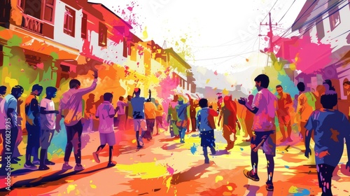 Silhouette drawing illustration of Man having fun with colorful paints, celebrating Holi festival of colors. photo