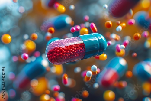 Floating capsule with a myriad of colorful pills