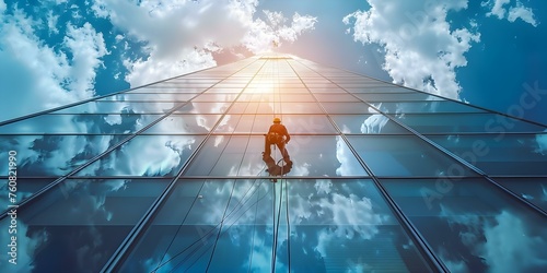 Workers scale skyscraper for glass cleaning using professional climbing equipment . Concept Skyscraper window cleaners, Safety harnesses, High-rise cleaning equipment