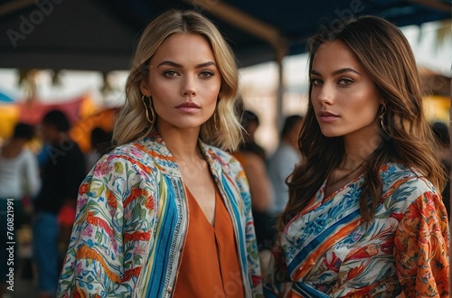 Two beautiful women in dresses on the street posing on a clear sunny day. The friends are strolling on the streets of a big city, going shopping