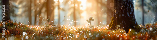 Forest panorama in the bright rays of the morning sun and morning dew with a blurry light background.