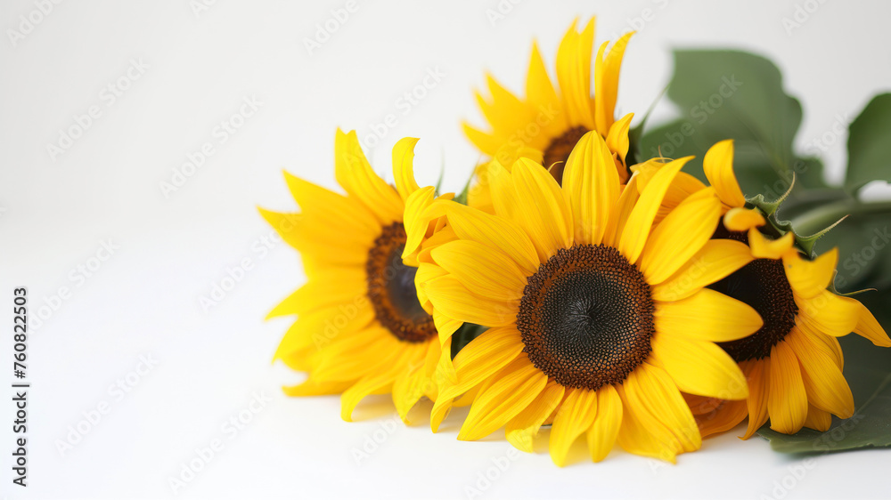 Beautiful yellow sunflowers on a white background with copy space Beautiful yellow sunflowers on a white background with copy space