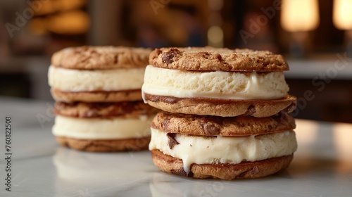 A mouthwatering composition of artisanal ice cream sandwiches, showcasing layers of cookies embracing creamy fillings in a delightful ensemble.