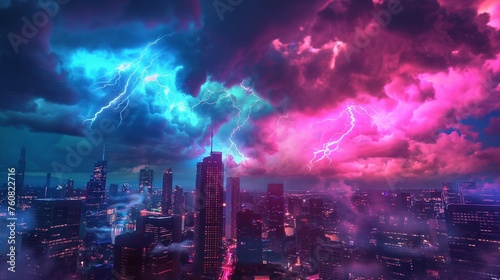 A neon-infused thunderstorm brewing over a cityscape  with electrifying waves of color.