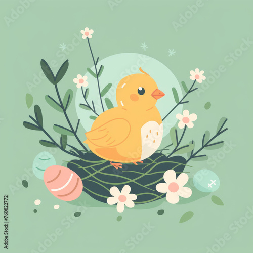 Chicken on Nest with Easter Eggs - Colorful Vector Illustration
