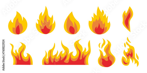 A set of fire elements against a black background, showcasing yellow, red, and orange colors in different intensities depicting various strengths of flames