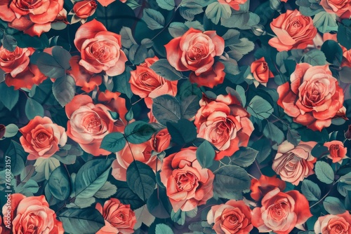 Red Roses Top View Seamless Pattern  Lush Roses Endless Tile High-Quality Photo  Copy Space