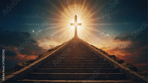 cross on the top of the hill with stair to heaven  photo